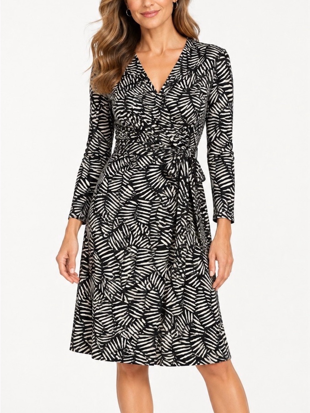 Anne Klein Black Cream Leaf Print Wrap Dress Size 12